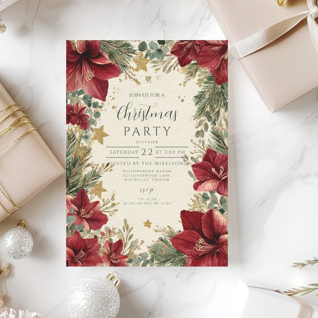 Rustic Holiday Amaryllis Christmas Invitation (Creator Uploaded)