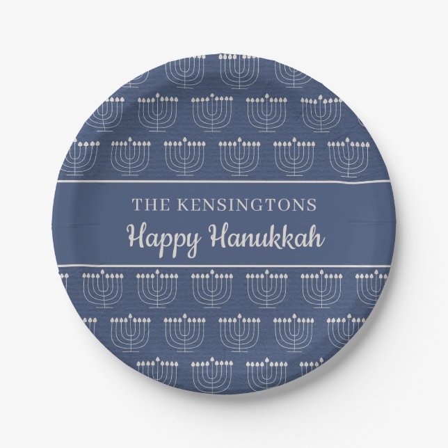 Rustic Holiday Blue White Menorah Hanukkah Paper Plates (Front)