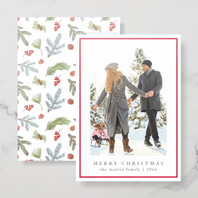 Rustic Holiday Botanical Print Christmas Letterpress Photo Cards (Front/Back)