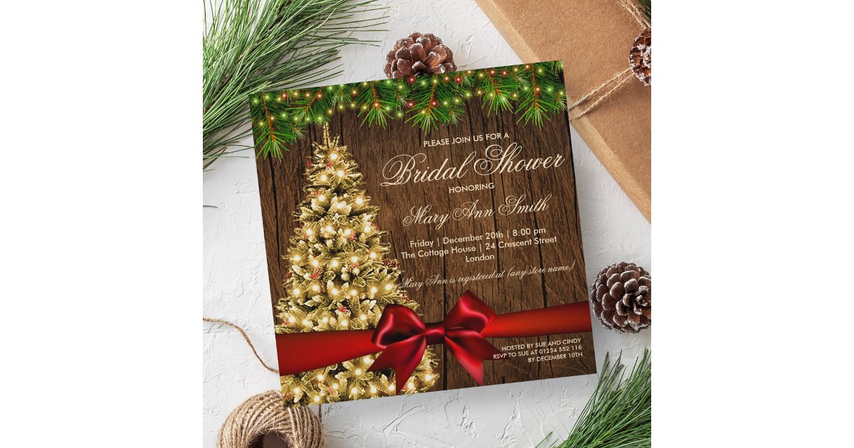 Rustic Holiday Bridal Shower Tree & Red Ribbon Invitation | Zazzle