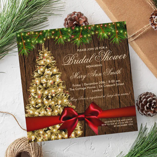 Rustic Holiday Bridal Shower Tree & Red Ribbon Invitation | Zazzle