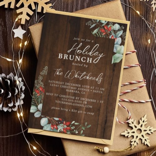 Rustic Holiday Brunch Watercolor Holly Dark Wood Invitation
