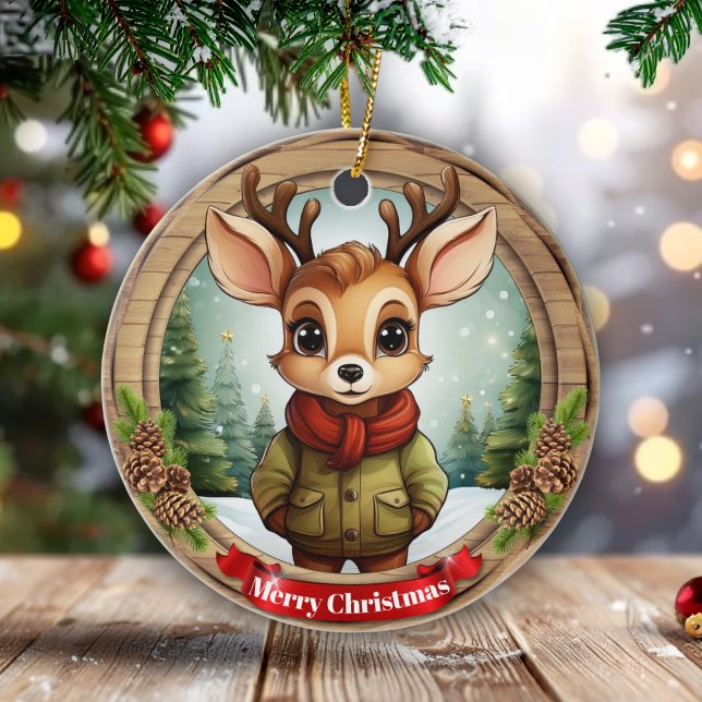 Rustic Holiday Character Xmas Reindeer Gift 🦌🎄 Ceramic Ornament (Customizable Rustic holiday character xmas reindeer, name gift for anyone, Ceramic Ornament! 🦌🎄)
