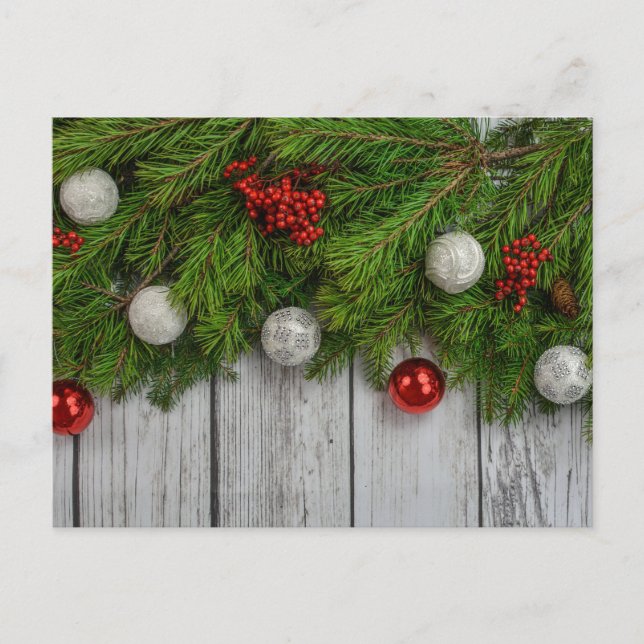 Rustic Holiday Charm: Pine, Holly & Baubles Postcard (Front)