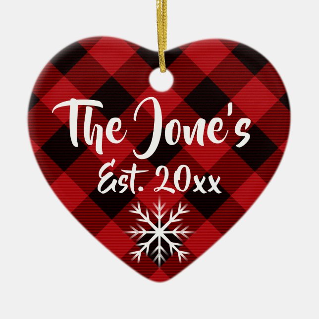 Rustic Holiday Christmas design red buffalo plaid Ceramic Ornament (Front)