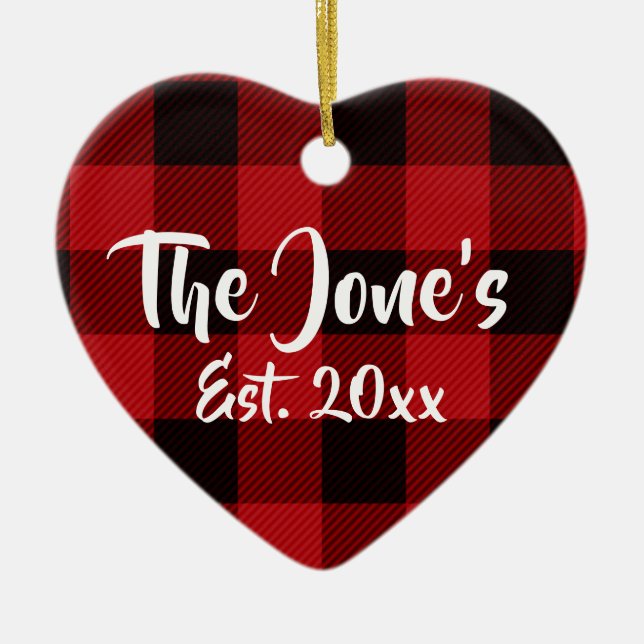 Rustic Holiday Christmas design red buffalo plaid Ceramic Ornament (Front)