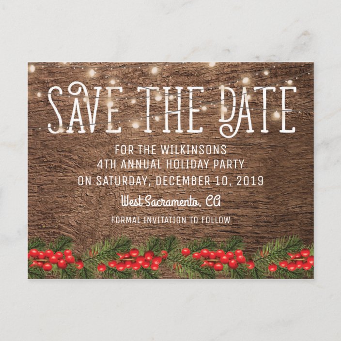 Rustic Holiday Christmas Party Save the Date Announcement Postcard ...