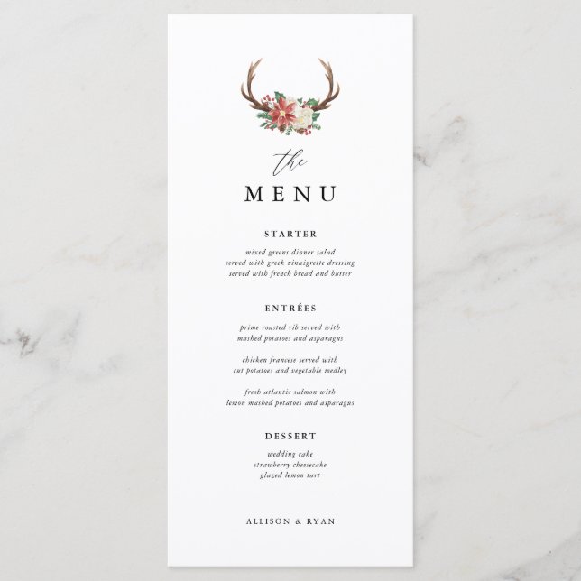 Rustic Holiday Dinner Winter Wedding Table Menu (Front)