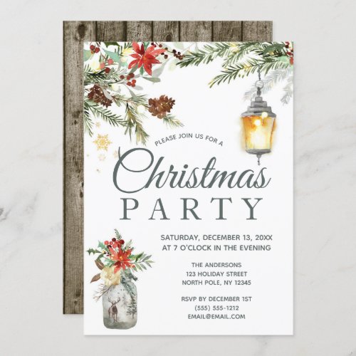 Rustic Holiday Floral Lights Christmas Party Invitation