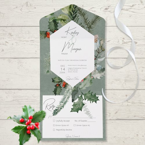 Rustic Holiday Greenery  Red Berries Dinner All In One Invitation