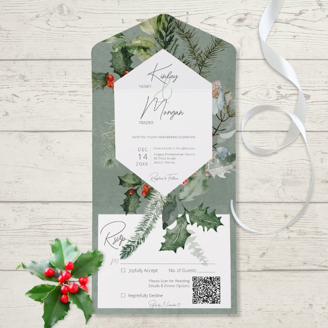Rustic Holiday Greenery & Red Berries QR Code All In One Invitation (Also available without a QR code, with or without dinner selection options.)