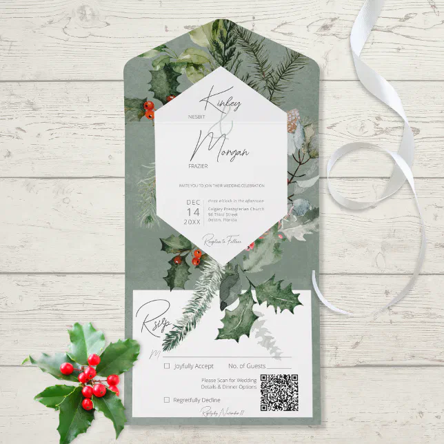 Rustic Holiday Greenery & Red Berries QR Code All In One Invitation ...