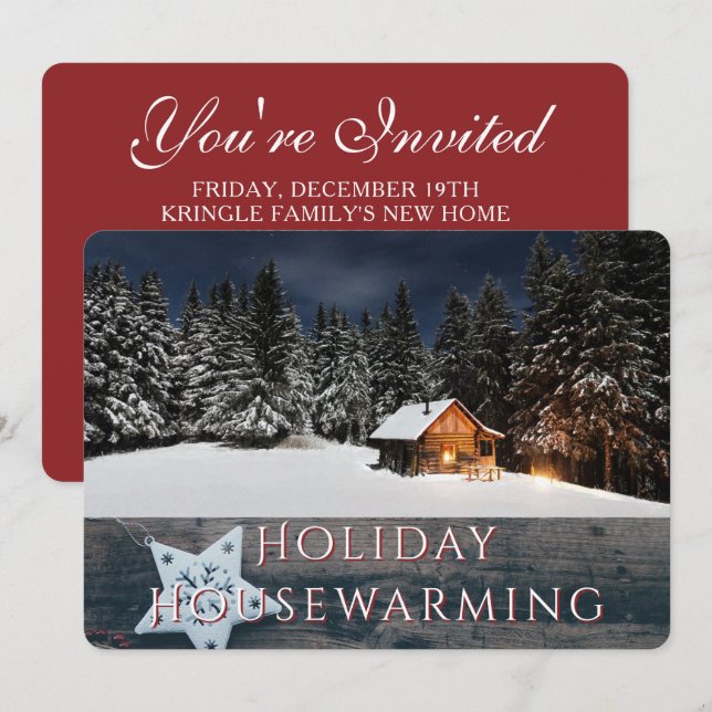 Rustic Holiday Housewarming Party Snow Cabin Invitation (Front/Back)