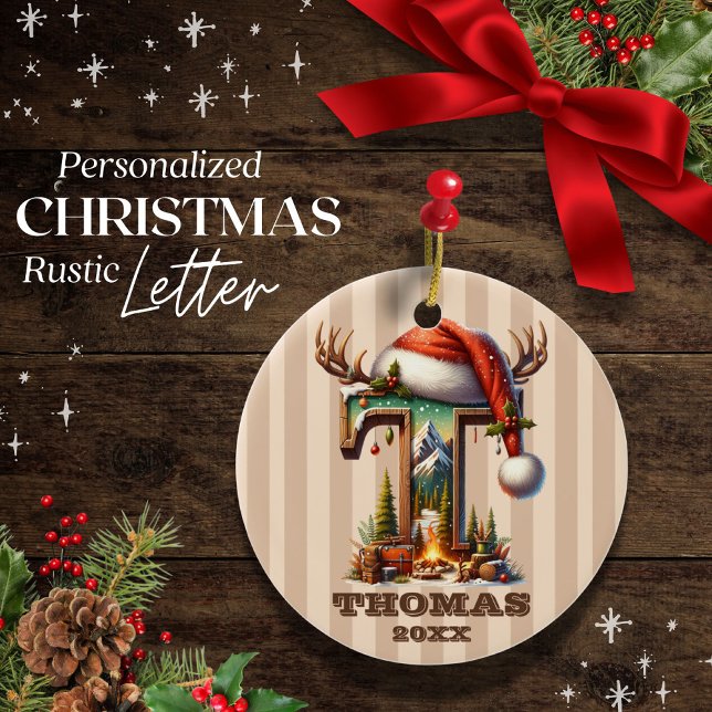 Rustic Holiday Initial T Personalizable Ceramic Ornament (Creator Uploaded)