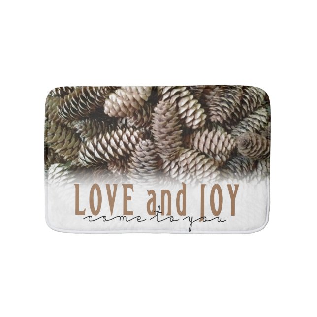 Rustic Holiday Love and Joy Pine Cone Bathroom Mat (Front)