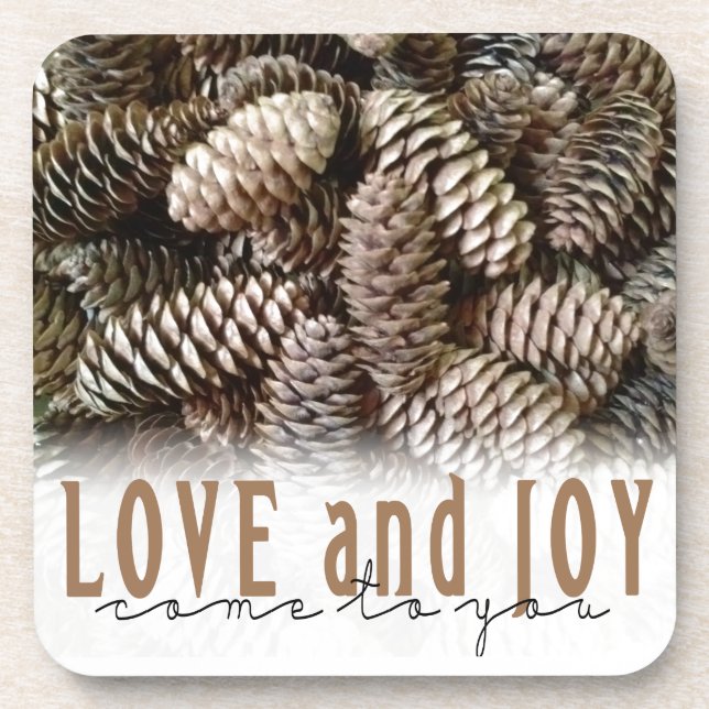 Rustic Holiday Love and Joy Pine Cone Beverage Coaster (Front)