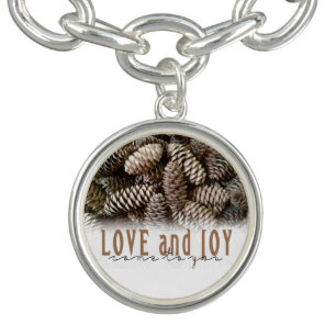 Rustic Holiday Love and Joy Pine Cone Bracelet