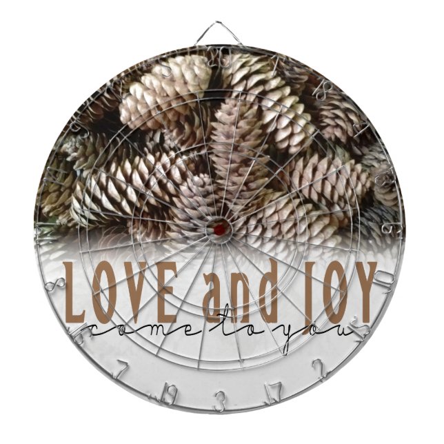 Rustic Holiday Love and Joy Pine Cone Dartboard With Darts (Front)
