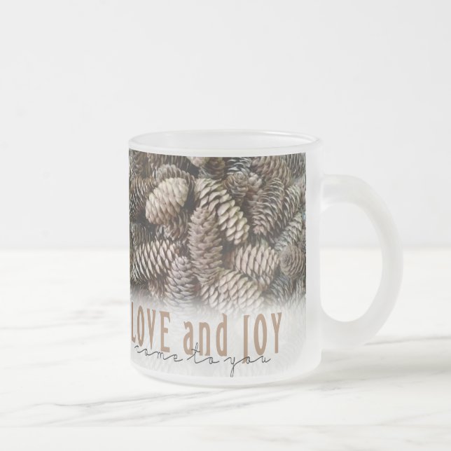 Rustic Holiday Love and Joy Pine Cone Frosted Glass Coffee Mug (Right)