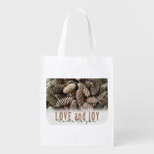 Rustic Holiday Love and Joy Pine Cone Grocery Bag
