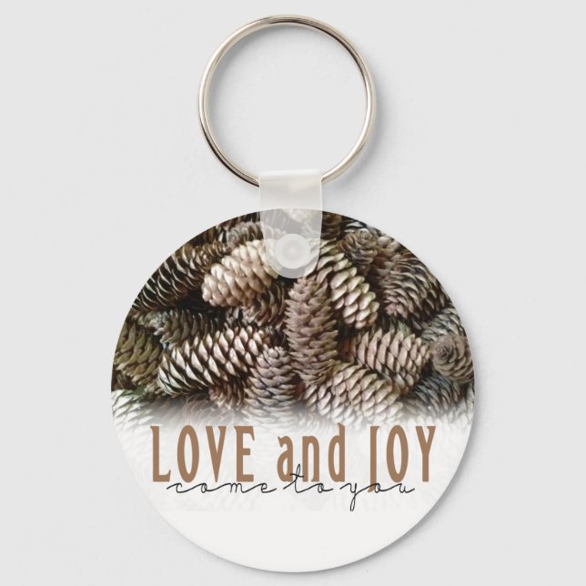 Rustic Holiday Love and Joy Pine Cone Keychain (Front)
