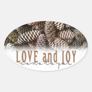 Rustic Holiday Love and Joy Pine Cone Oval Sticker