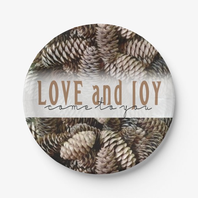 Rustic Holiday Love and Joy Pine Cone Paper Plates (Front)