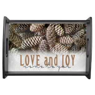 Rustic Holiday Love and Joy Pine Cone Serving Tray