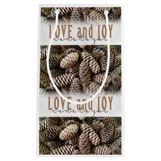 Rustic Holiday Love and Joy Pine Cone Small Gift Bag (Front)