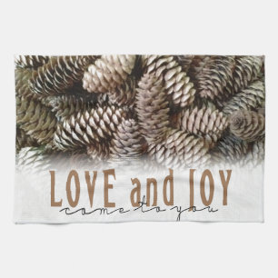 Rustic Holiday Love and Joy Pine Cone Towel