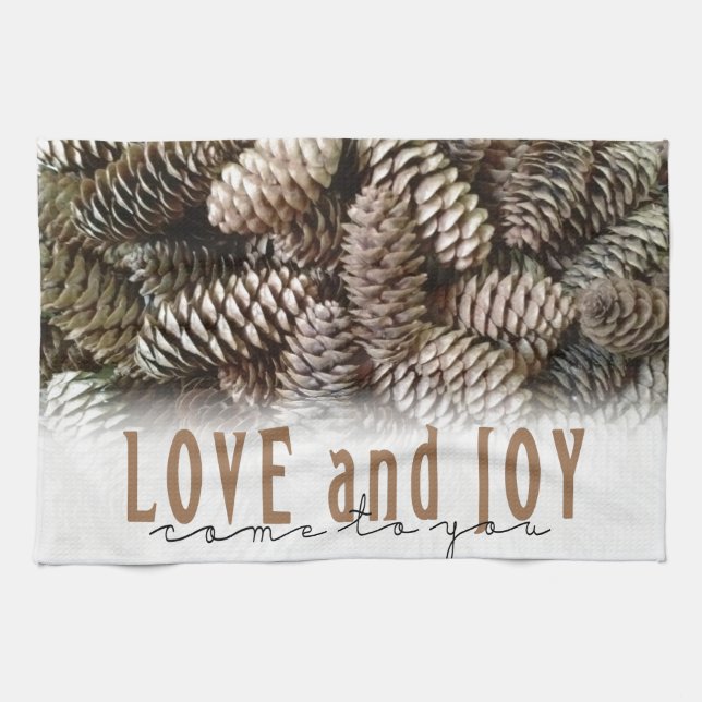 Rustic Holiday Love and Joy Pine Cone Towel (Horizontal)