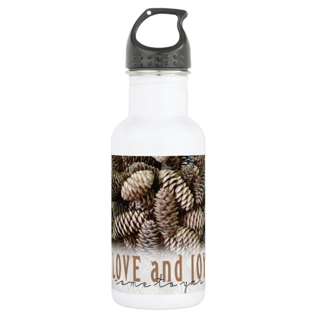 Rustic Holiday Love and Joy Pine Cone Water Bottle (Front)