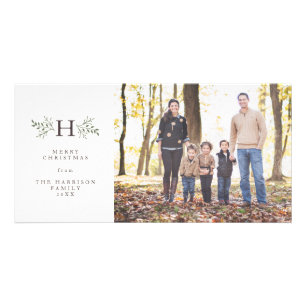Rustic holiday monogram one photo Christmas Card