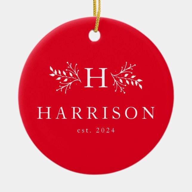 Rustic holiday monogram red newlywed photo ceramic ornament (Front)