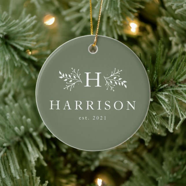 Rustic holiday monogram sage green newlywed photo ceramic ornament (Tree)