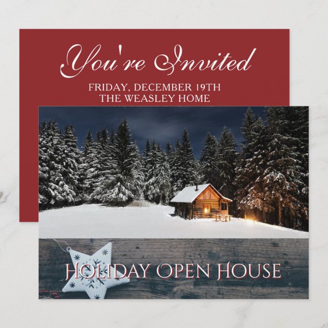 Rustic Holiday Open House Party Snow Cabin Invitation (Front/Back)