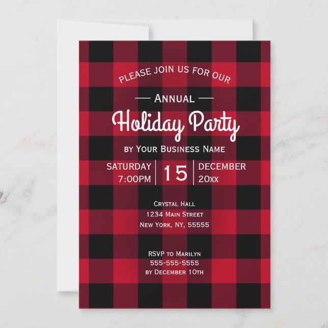 Rustic Holiday Party Red Buffalo Plaid Corporate Invitation (Front)