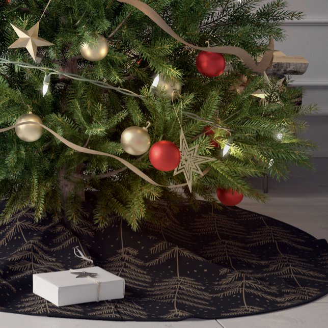 Rustic Holiday Pine Tree Pattern Black Green Gold Brushed Polyester Tree Skirt (Creator Uploaded)
