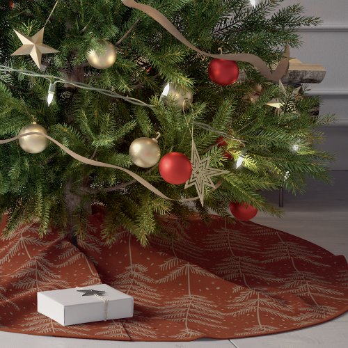 Rustic Holiday Pine Tree Pattern Rust Gold Brushed Polyester Tree Skirt