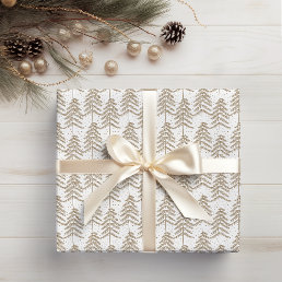 Rustic Holiday Pine Tree Pattern White Gold Wrapping Paper Sheets