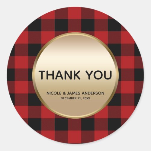 Rustic Holiday Red Buffalo Plaid Gold Favor Treat Classic Round Sticker