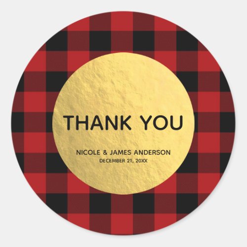 Rustic Holiday Red Buffalo Plaid Gold Foil Glam Classic Round Sticker