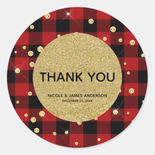 Rustic Holiday Red Buffalo Plaid Gold Glitter Classic Round Sticker