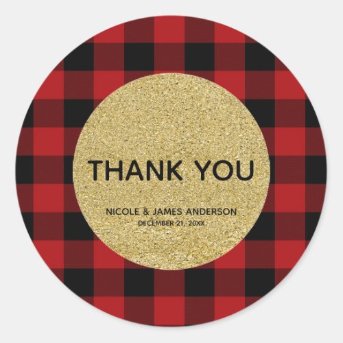 Rustic Holiday Red Buffalo Plaid Gold Glitter Classic Round Sticker