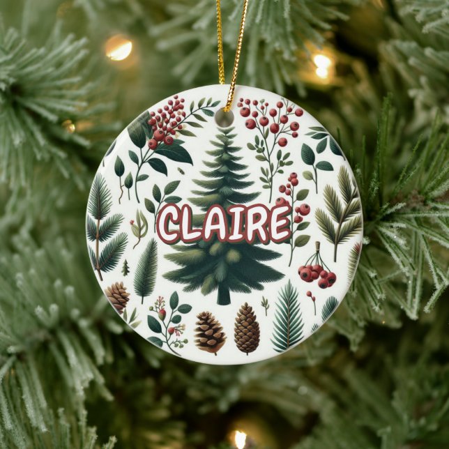 Rustic Holiday Red Green Pinecone Pine Berries  Ceramic Ornament (Tree)