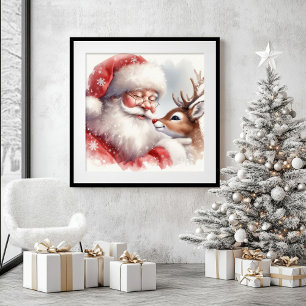 Rustic Holiday Wall Art Santa Rudolph Illustration