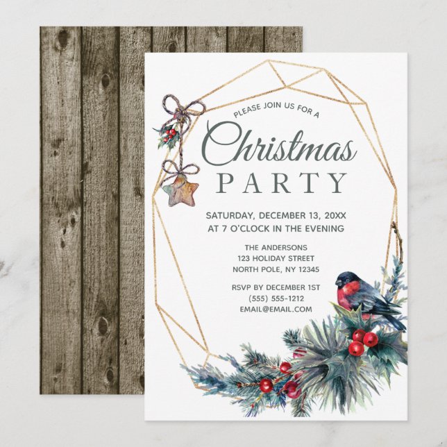 Rustic Holiday Winter Bird Pine Christmas Party Invitation (Front/Back)