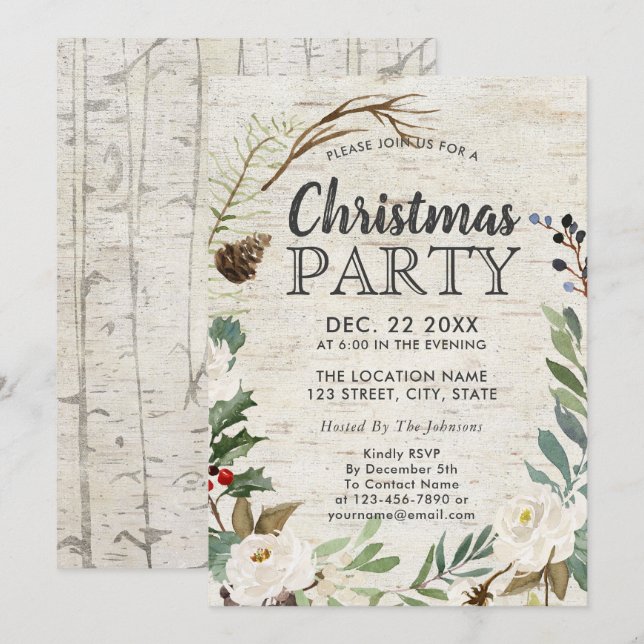 Rustic Holiday Wreath White Birch Christmas Party Invitation (Front/Back)