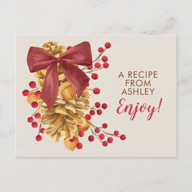 Rustic Holly Acorn Xmas Christmas Recipe Card (Front)