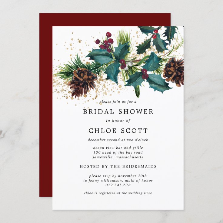 Rustic Holly and Berries Botanical Bridal Shower Invitation | Zazzle